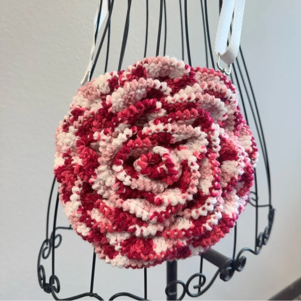 Pink & White Hand Crocheted Rose Purse